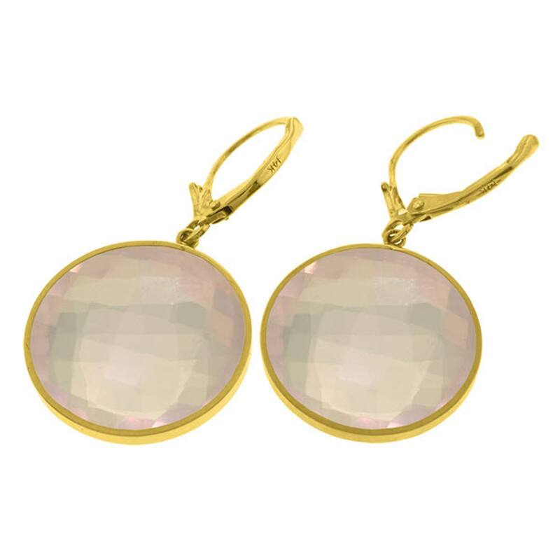 14K Solid Gold Leverback Gemstone Earrings Round Rose Quartz Certified