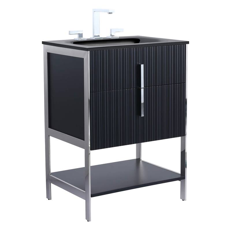 Fine Fixtures Serenity Modern Bathroom Vanity with Black Sintered Stone Top - Black Matte - Chrome Hardware - 24 inch