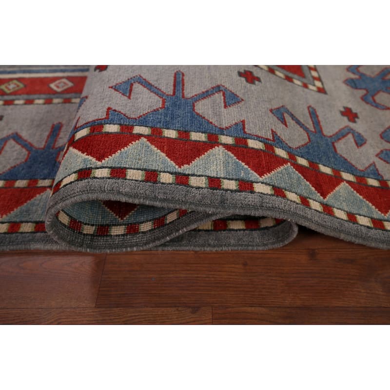 Gray Geometric Kazak Oriental Area Rug Hand-Knotted Wool Carpet - 6'7" x 10'2"