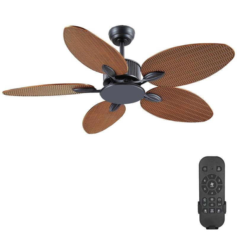 50 Inch Tropical Ceiling Fan with Palm Leaf Blades Glass Cover Remote Control Waterproof for Indoor and Outdoor Patio - Brown-without Light