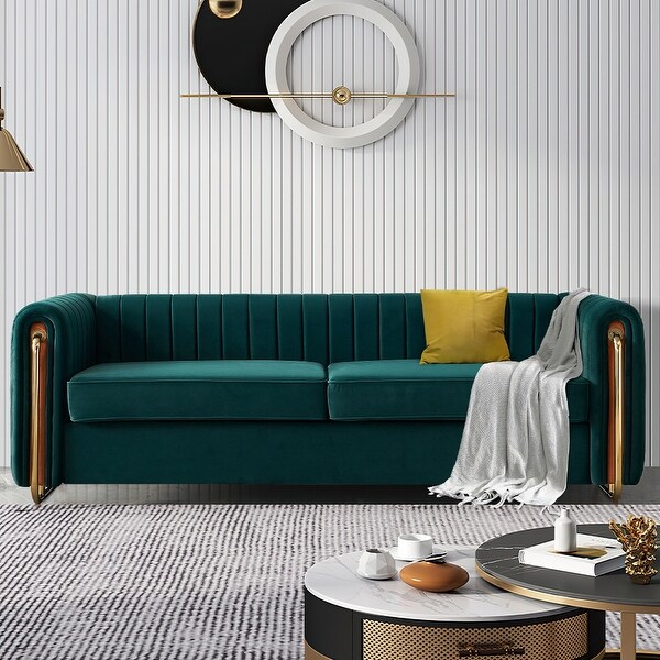 Modern Elegant Velvet Sofa With Striped Backrest and Metal Legs On Sale Bed Bath Beyond 37993366