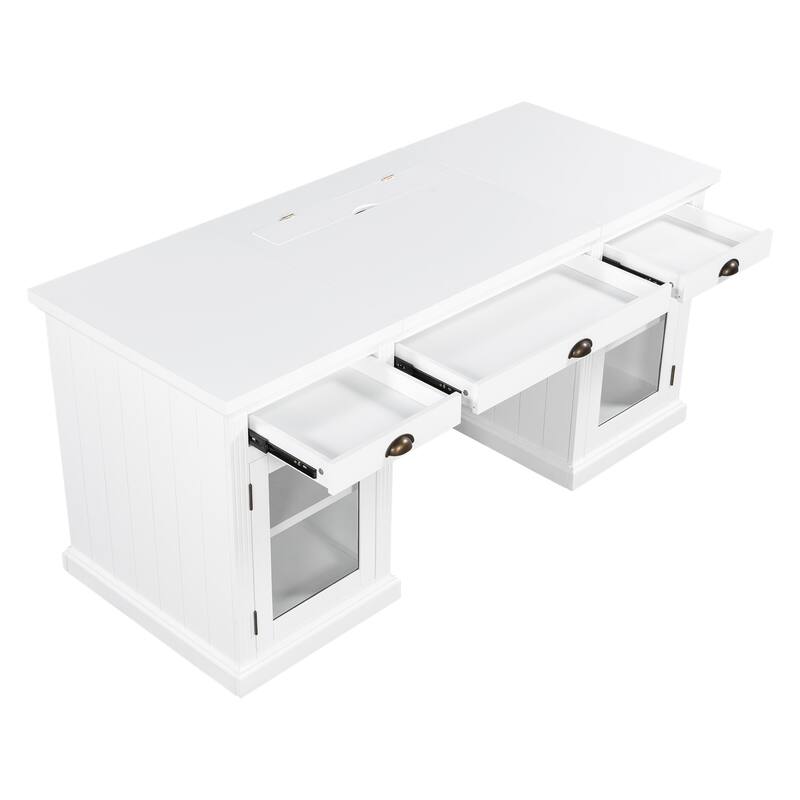67-Inch Modern Executive Computer Desk with 2 Glass Doors Storage Cabinet & 3 Drawers