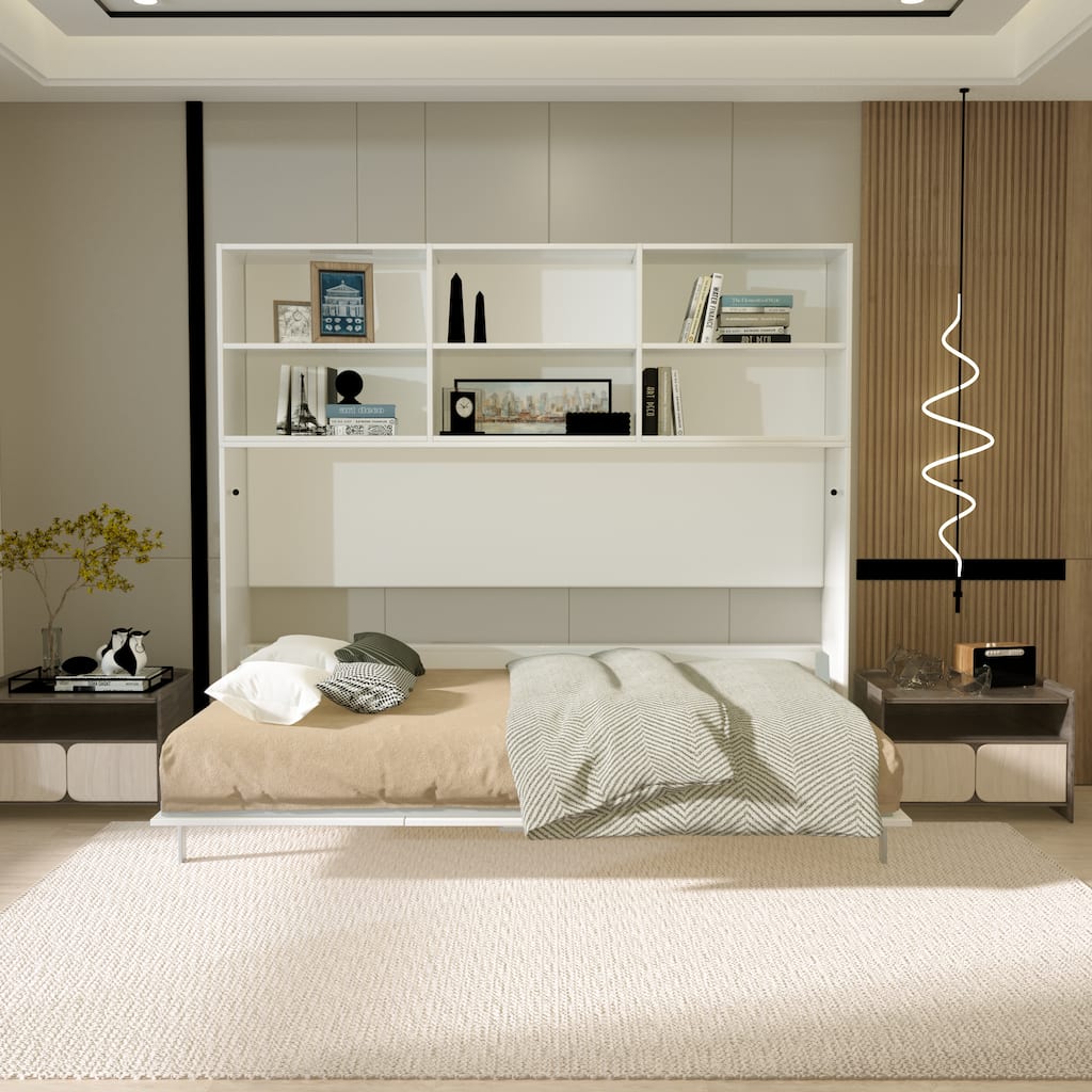 Space-Saving Twin Size Murphy Bed with Shelf Storage, White, Modern Design, Gas Struts