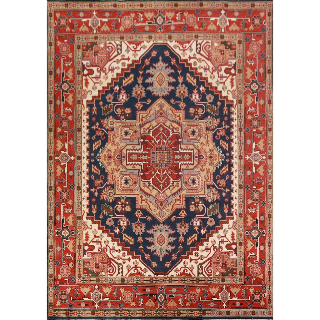 Navy Blue Heriz Serapi Indian Area Rug Handmade Wool Carpet - 9'0" x 11'10"