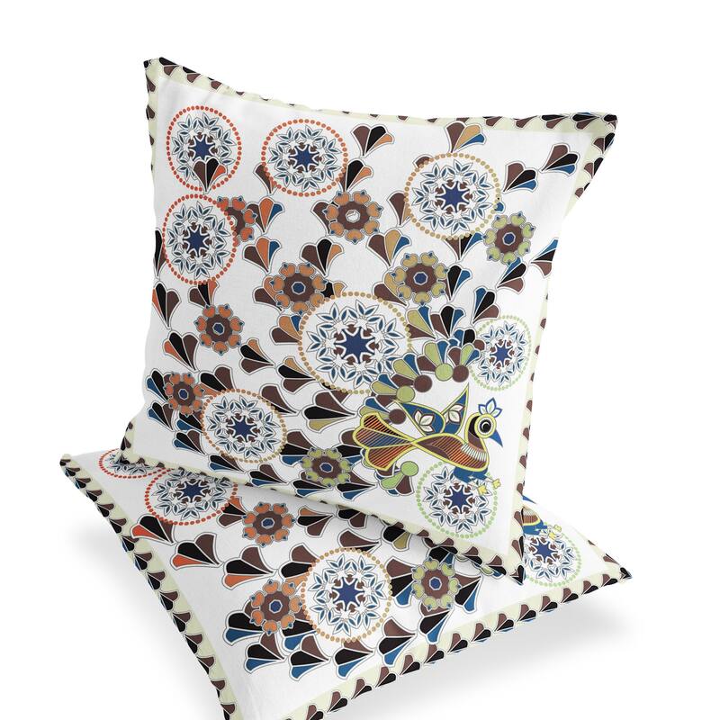 HomeRoots Set of Two 16" X 16" Blue and Off White Peacock Blown Seam Floral Indoor Outdoor Throw Pillow