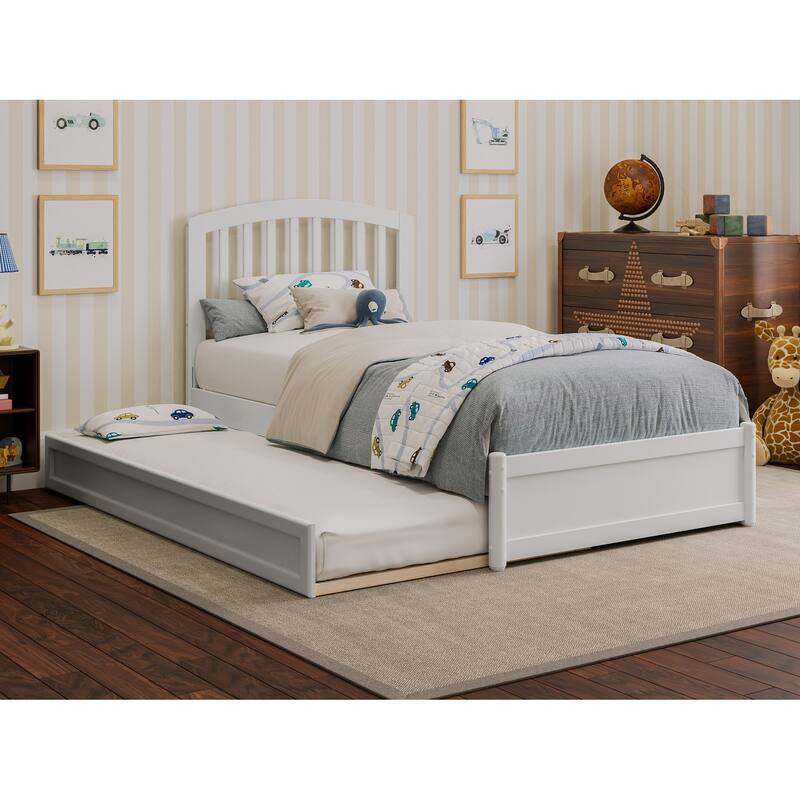 Twin Platform Bed with Trundle - White Mission Style Bed Frame & USB Charger