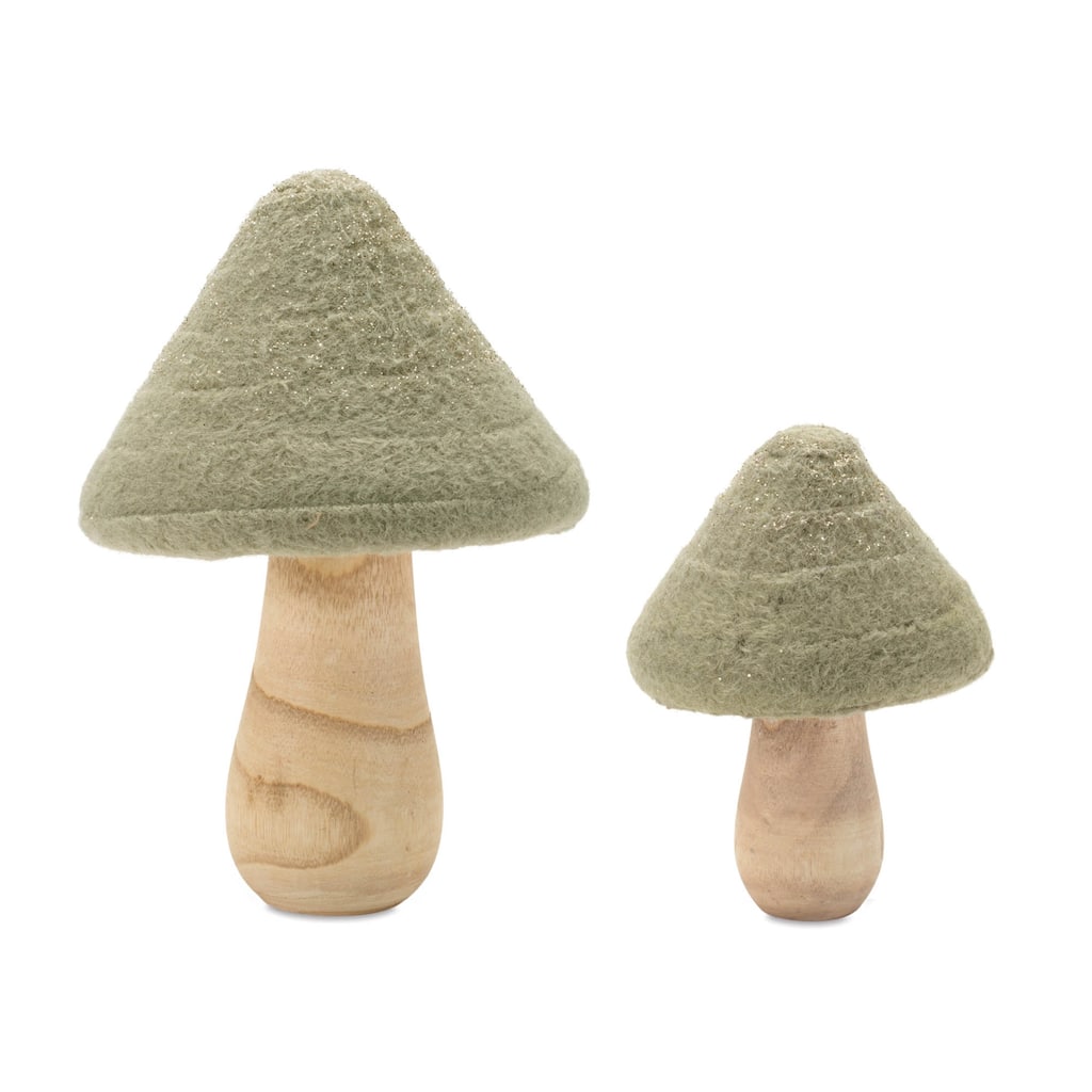 Wood Fabric Mushroom Decor Set of 2 with Glittered Felt Tops - 5.25” x 5.25” x 7.5” (L x W x H)
