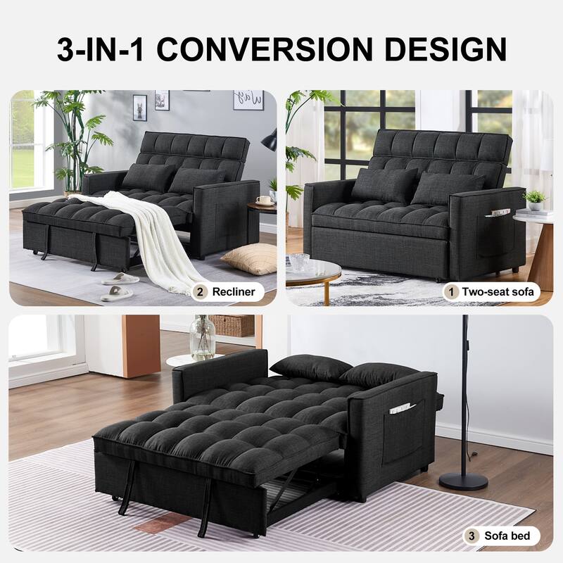 Modern 76" L 3-in-1 Multi-Functional Dark Grey Sleeper Sofa with Iron Frame Pull-Out Loveseat