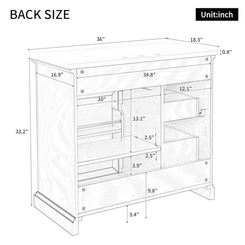 36 Inch Bathroom Vanity Ceramic Sink 4 Drawers Soft Close Door Metal Handles 8 Inch Faucet White