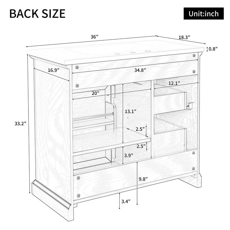 36-Inch Bathroom Vanity with Ceramic Sink Top, 4 Drawers and 1 Soft-Close Door, Freestanding Storage Cabinet with Metal Handles