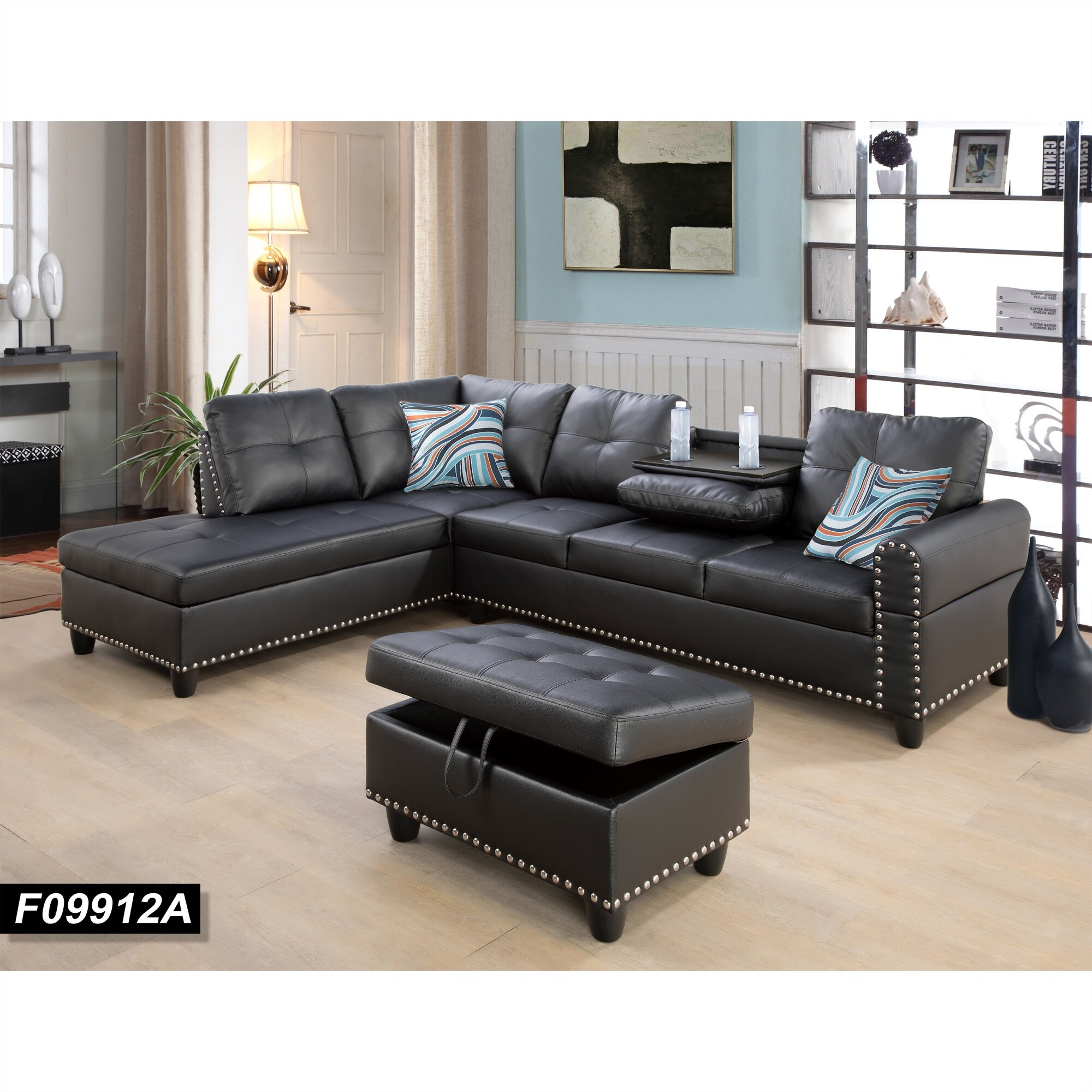 Left Facing Black Faux Leather Sectional Sofa with Drop Down Table