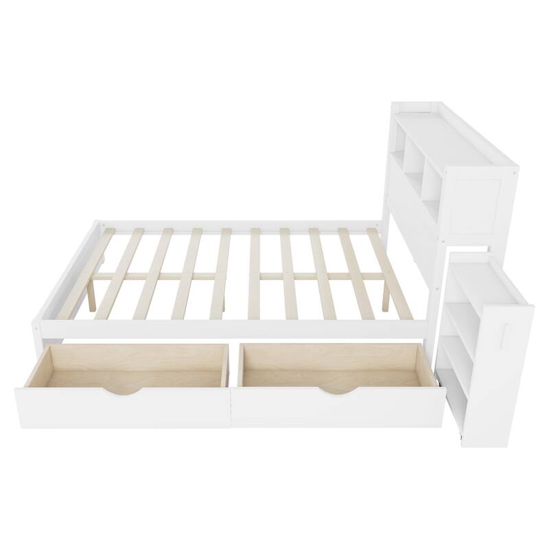 Roomfitters Twin/Full Platform Bed, LED Bookcase Headboard and Pull Out Storage Drawers with Wooden Frame for Bedrooms