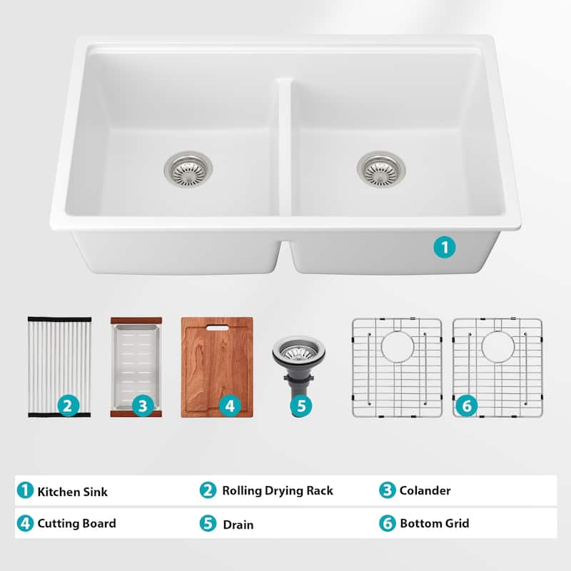 Undermount Double Bowl Quartz Kitchen Sink in White - 33'' x 19'' x 9.65''
