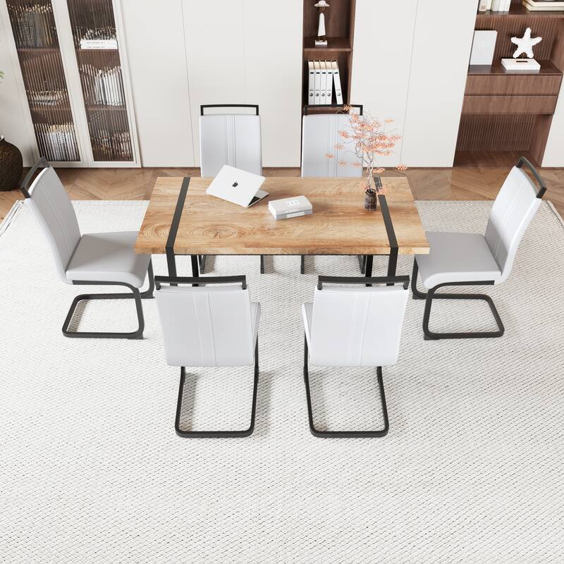 7-Piece Dining Table Set with Wood Grain Tabletop, Chair with C-shaped Bases, Ergonomically Curved Backrest