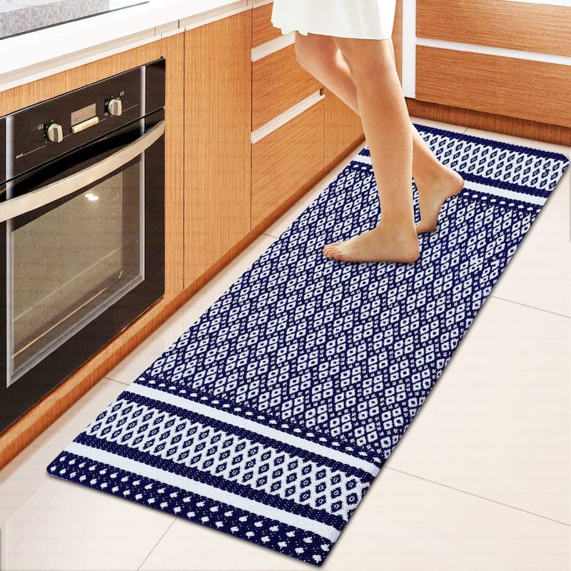 Woven Cotton Anti-Fatigue Anti-Skid Cushioned Mats - Versatile Comfort for Kitchen, Doormat, and Bathroom - 18''X48'' - Navy