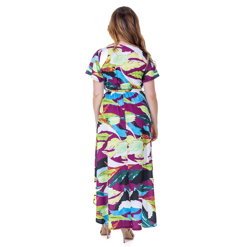24seven Comfort Apparel Womens Colorful Floral V Neck Belted High Low Faux Wrap Dress