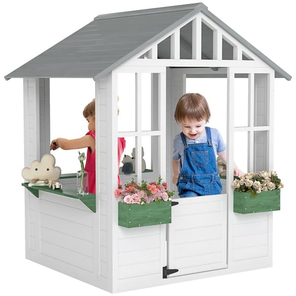 slide 2 of 8, Outsunny Kids Wooden Playhouse, Outdoor Garden Games Cottage, with Working Door, Windows, Flowers Pot Holder, 47" x 38" x 54" White