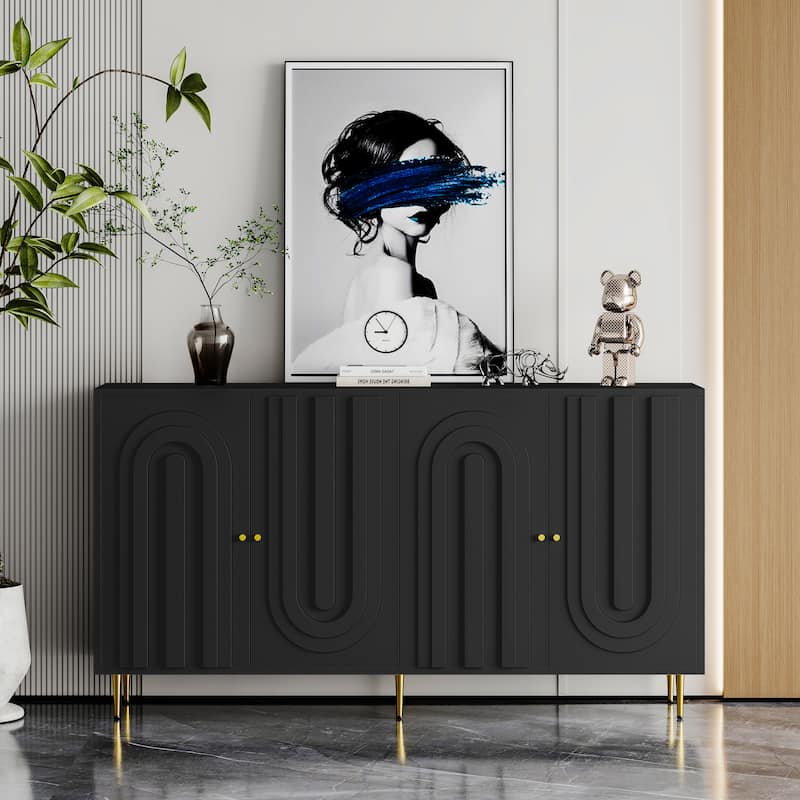 Sideboard Cabinet with 4 Door, Wood Storage Cabinet with Gold Knobs and Legs, Entryway Table with Adjustable Shelves