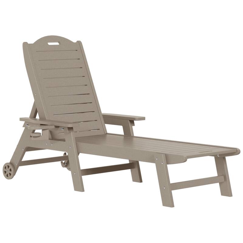 Brighton Outdoor Poly Reclining Chaise Lounge with Wheels & Cup Holder - Weathered Wood