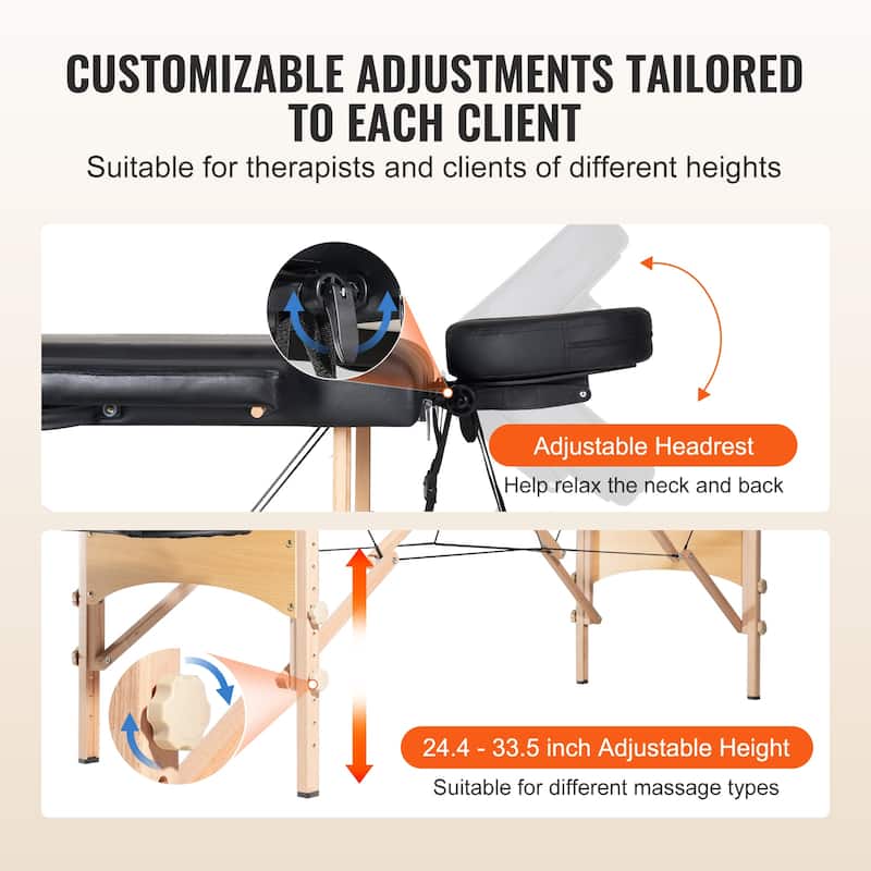 Portable Massage Table, 2 Folding Lightweight Massage Table, 8-Level Height Adjustable Salon Tattoo Bed, Spa Table with Headrest