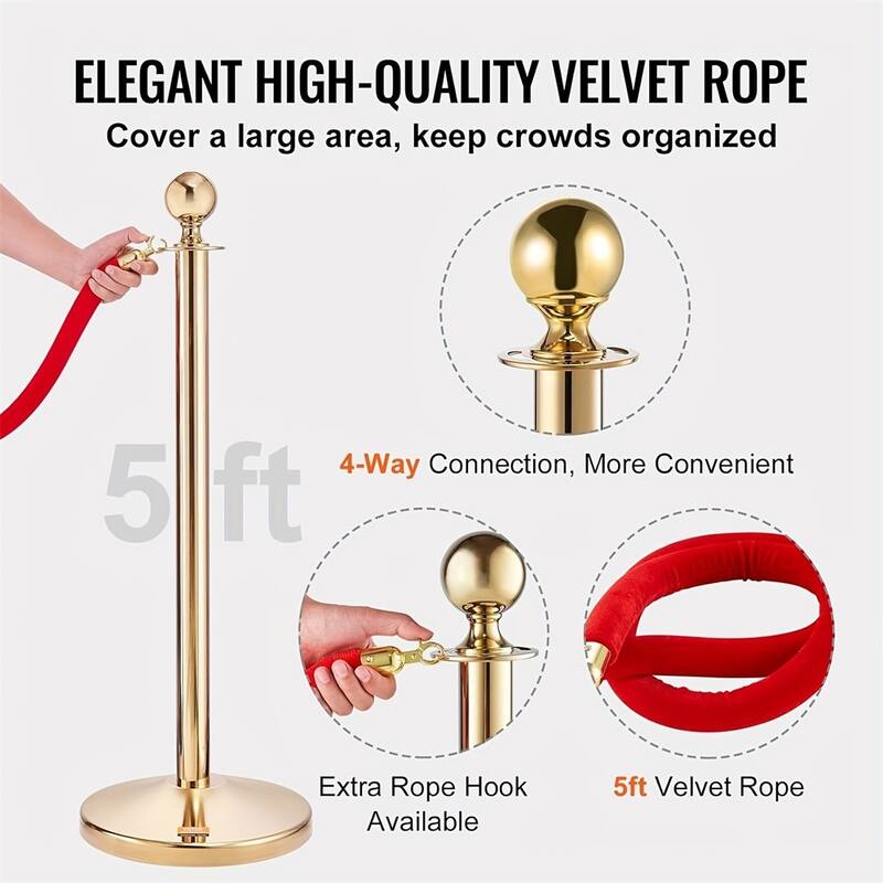 4 Stainless Steel Stanchion Posts w/3 Red Velvet Ropes,Gold Ball Top