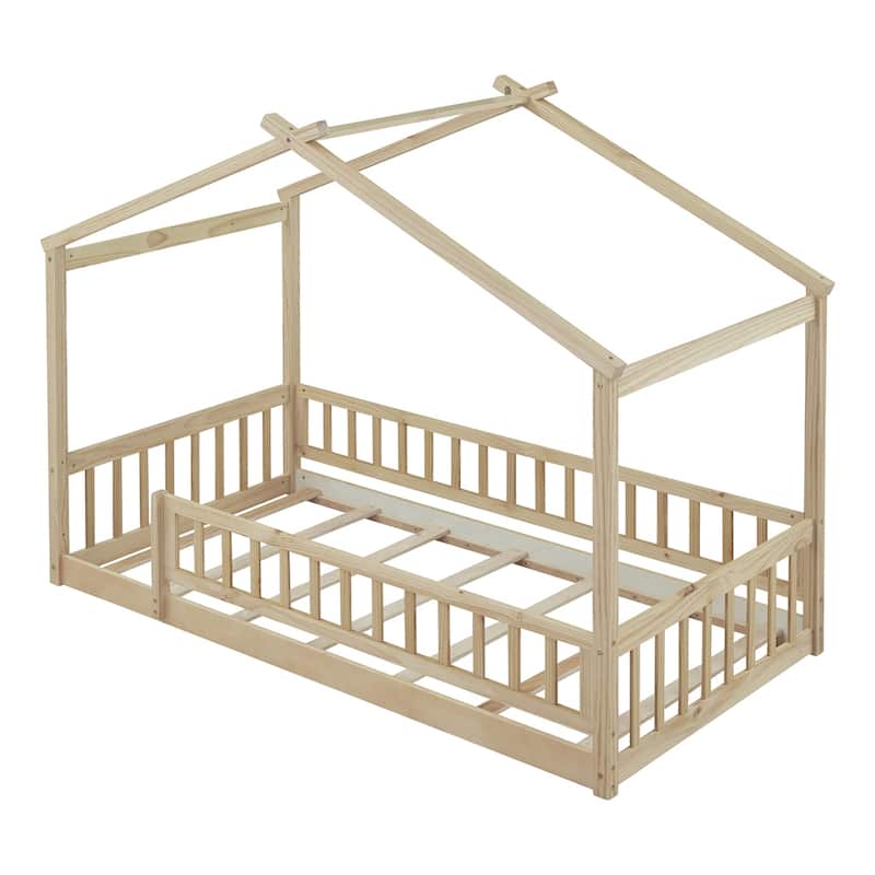 Twin Size Wood Bed House Bed Frame with Fence