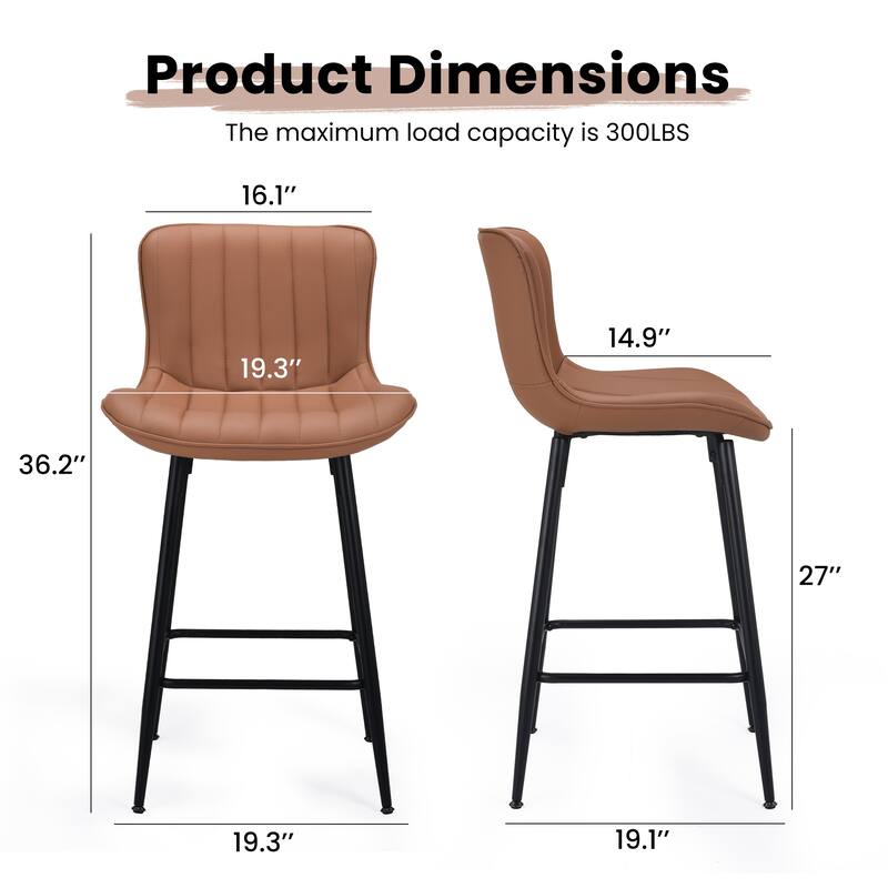 Counter Stools Set of 2, Faux Leather Counter Height Bar Stools, Modern Dining Table Chairs with Metal Legs