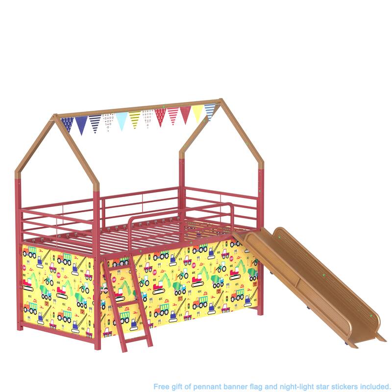 Metal Junior House Twin Loft Bed with Slide and Curtain Set and Pennant Banner Flag and Star Stickers