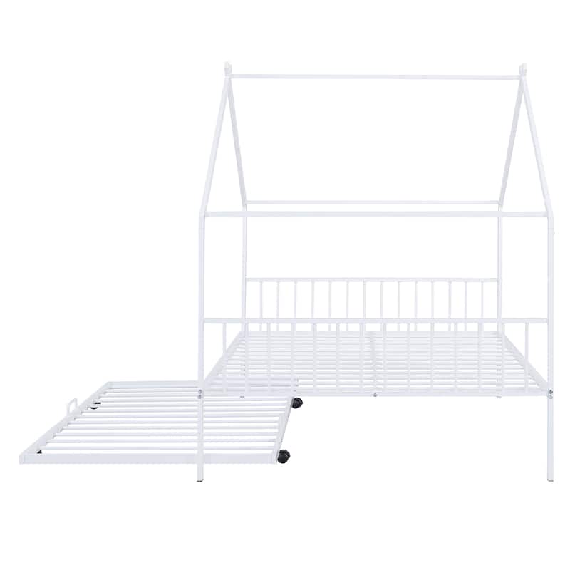 Full Size Metal House Bed with Twin Size Trundle
