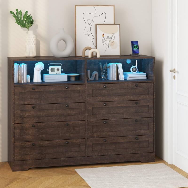 8 Drawers Wooden Dressers for Bedroom Living Room, Hallway, Wood Dressers with Led Lights and Charging Station