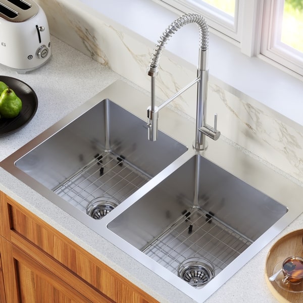 slide 2 of 10, Karran 33" Top Mount Double Equal Bowl Stainless Steel Sink Kit