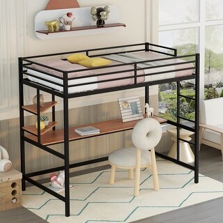 Useful Design Metal Loft Bed With Two Shelves and Built-in Dsek, Efficient space, Twin Size