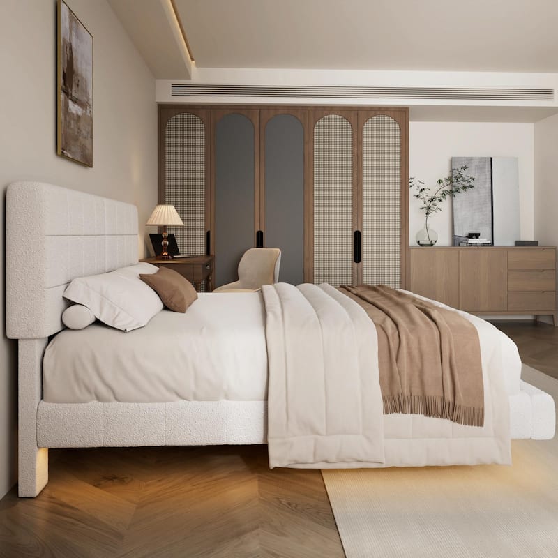 White Bouclé Floating Bed with Ambient Light