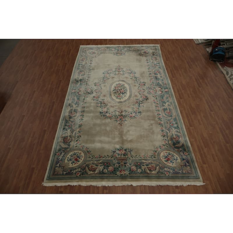 Hand Knotted Oriental 100% Wool Carpet Traditional Floral Beige & Ivories Art Deco Area Rug - 18' 2'' X 9' 11''