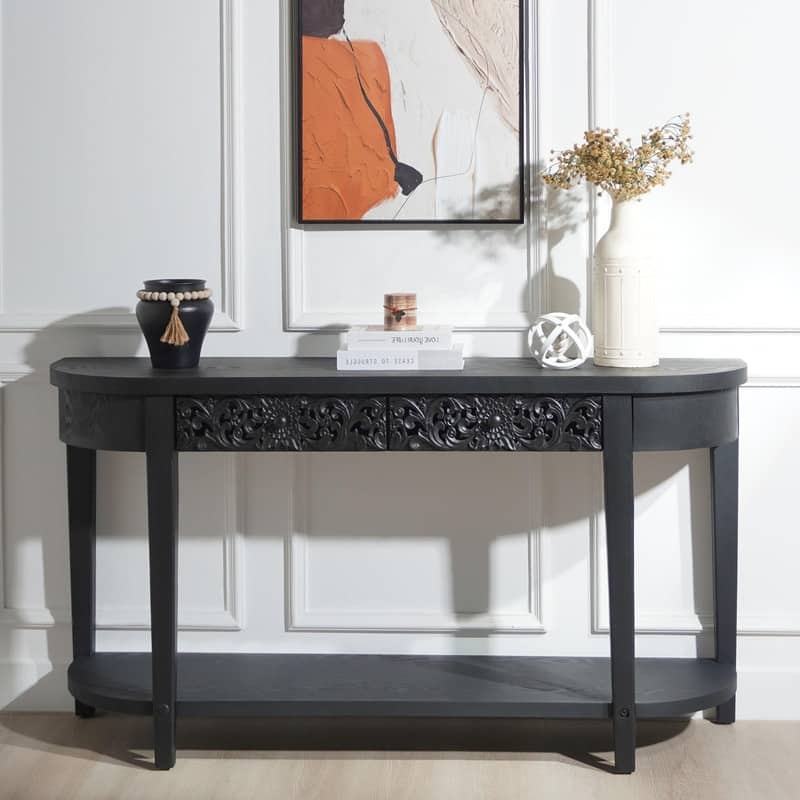 59.2" Carved Wooden Console Table with Storage Shelf and Drawers for Entryway or Living Room - Black