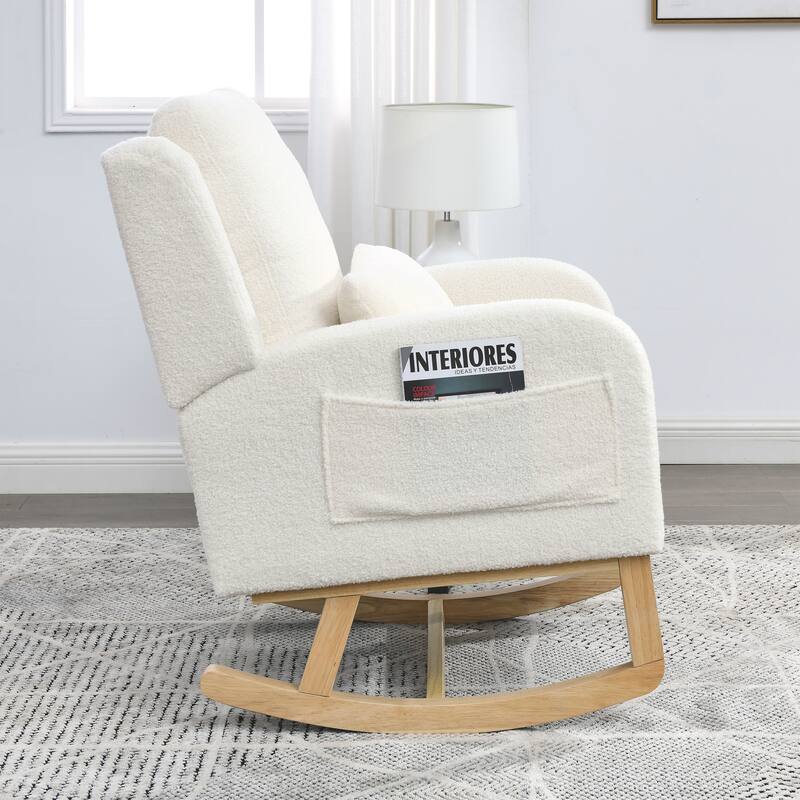 Modern 27.5" High Back Upholstered Rocking Chair with Lumbar Pillow and Two Side Pockets