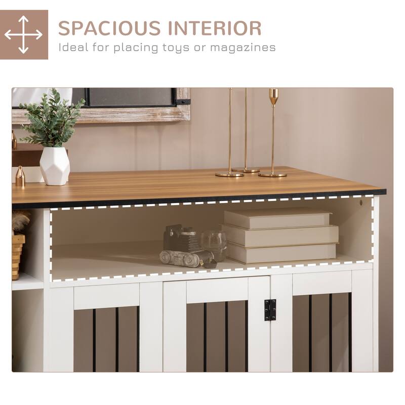 White Steel and MDF Dog Crate Side Table with Lockable Door Adjustable Shelves and Large Tabletop