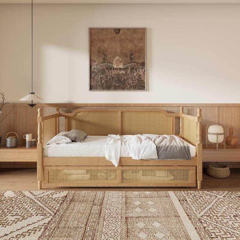 Rattan Bed Frame French Provincial Daybed with Solid Pine Wood and Large Storage Drawers, Easy Assembly, No Box Spring Required