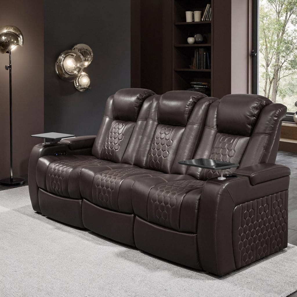 Roomfitters 86.6" Power Recliner 3-Piece Set, Top-Grain Nappa Leather, 34-Color RGB LED & USB-C Charging, Coffee