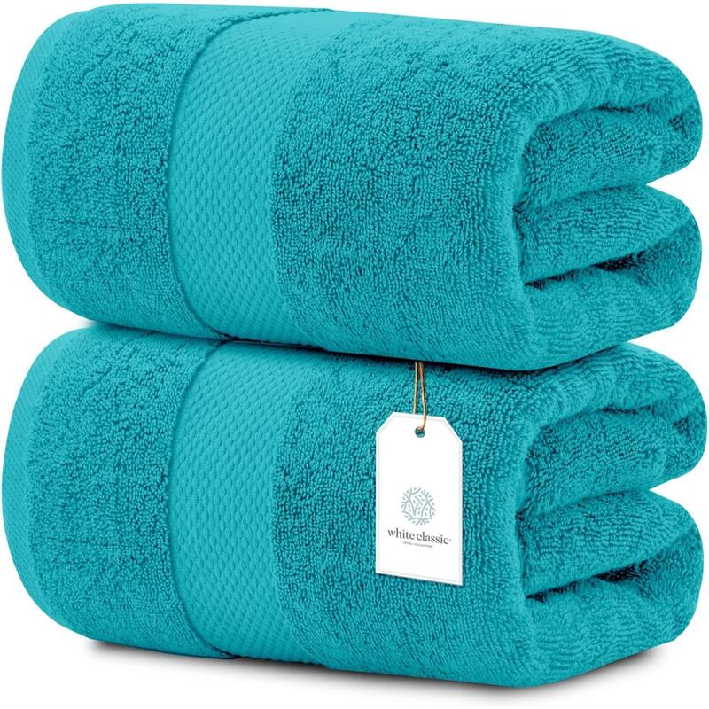 White Classic Luxury Cotton Oversized Bath Sheet 35x70 - Set of 2 - Aqua