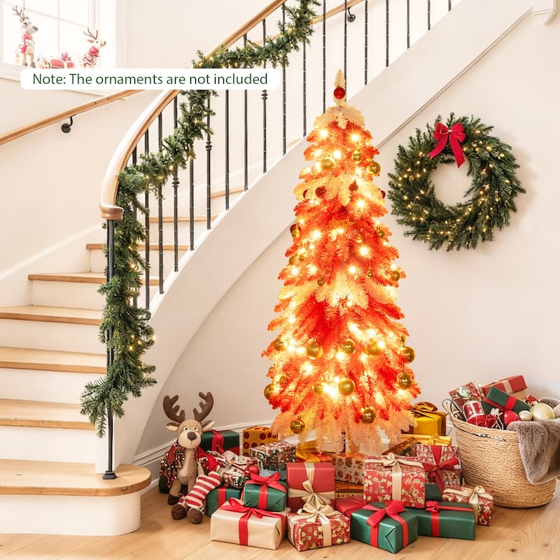 Gymax 5 FT Artificial Christmas Tree Pre-lit Xmas Trees w/ 301 Red &