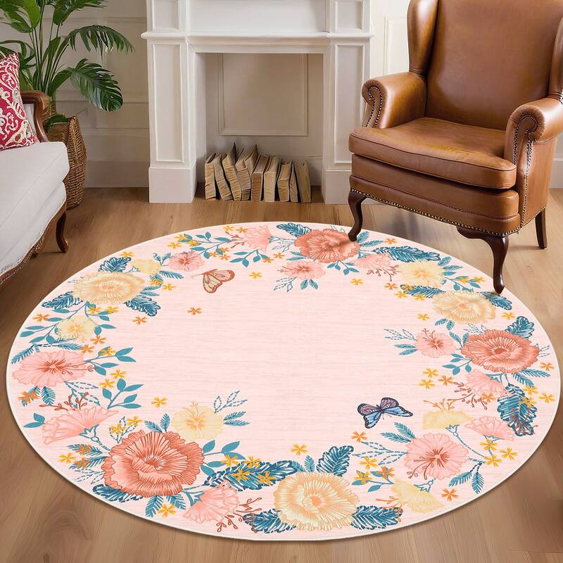 Area Rugs for Living Room Bedroom Washable Modern Floral Rug Scalloped Non-Slip Low Pile Carpet - 4' Round - Pink