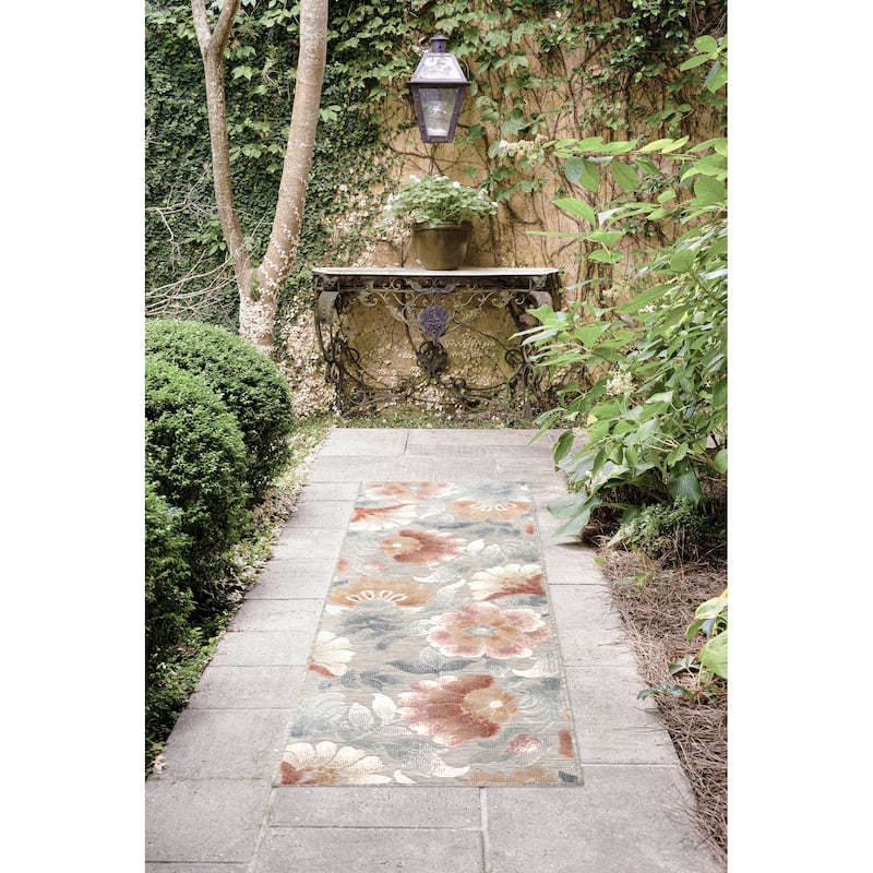Tropicana Tropical Floral Indoor/Outdoor Area Rug - 2'2'' x 7'3'' - Gray/Light Red