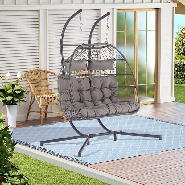 Person Wicker Rattan Patio Hanging Swing Egg Chair with Cushion