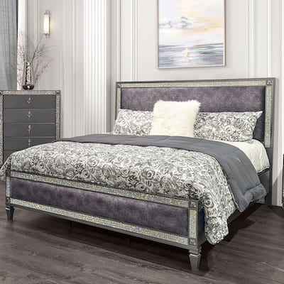 Furniture of America Welen Glam Grey Wood Panel Bed with Padded Headboard and Footboard