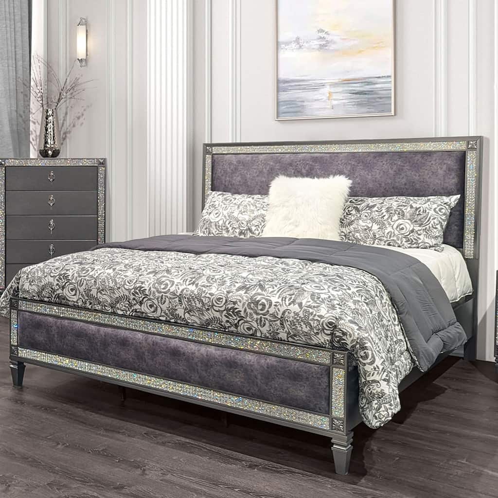 Furniture of America Welen Glam Grey Wood Panel Bed with Padded Headboard and Footboard