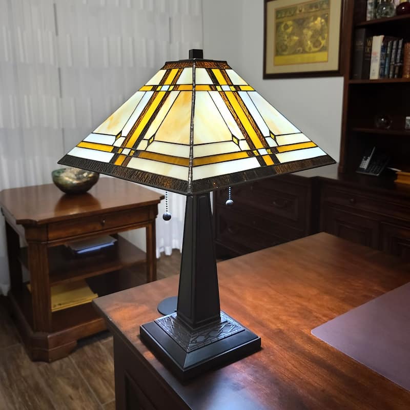 Dark Brown Metal Table Lamp with Dual Beige-Stained Glass Shades - 11” x 21” x 22” (D x W x H)