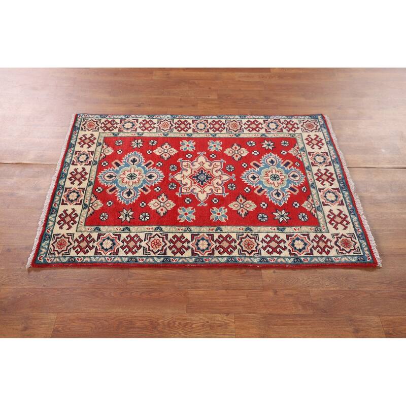 Red Kazak Oriental Accent Rug Handmade Geometric Foyer Wool Carpet - 2'10" x 3'11"