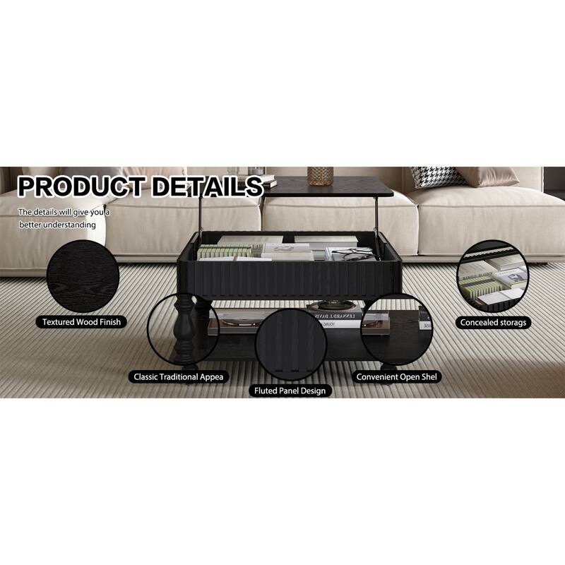 Roomfitters 31.5" Square Lift Top Coffee Table, Fluted Storage Center Table with Hydraulic Mechanism and Solid Wood Legs