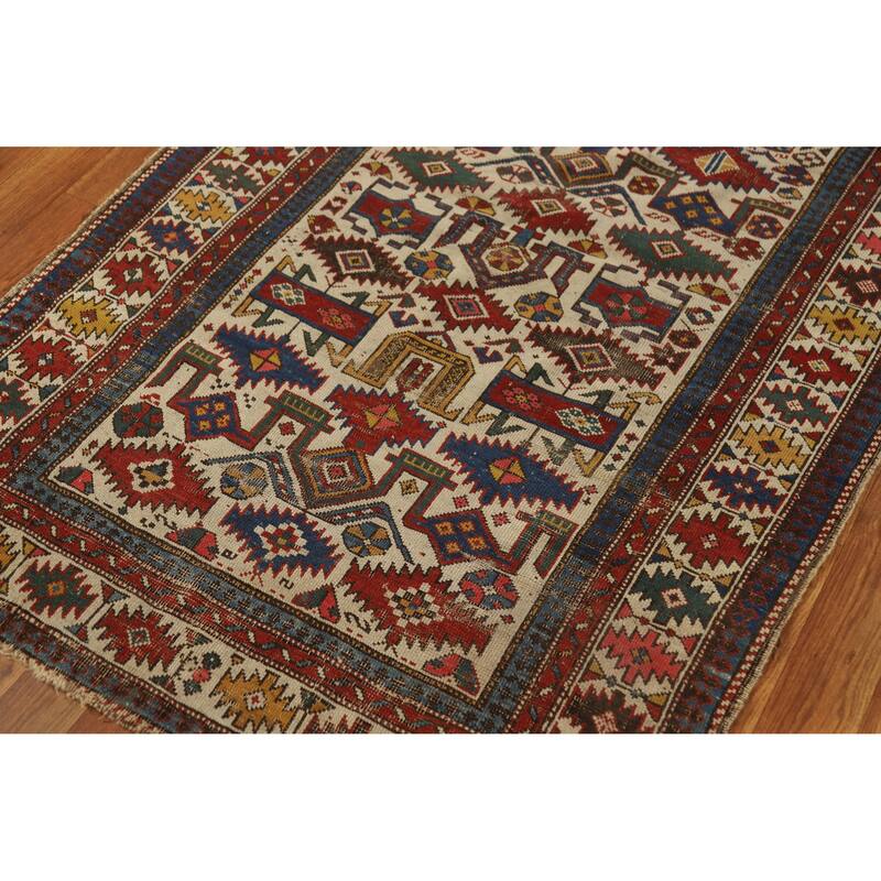 Hand Knotted Oriental 100% Wool Carpet Traditional Tribal Beige & Ivories Kazak Area Rug - 4' 11'' X 3' 4''